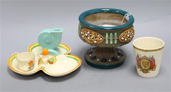 A small collection of ceramics, including a Clarice Cliff Bizarre three-section hors doeuvres dish,